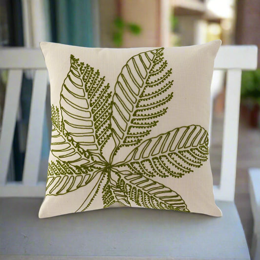 20 Inch Natural Cotton & Green Embroidered Tropical